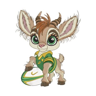 Springbok rugby embroidery design featuring a cute baby bokkie in a green and gold jersey with one hoof on a rugby ball