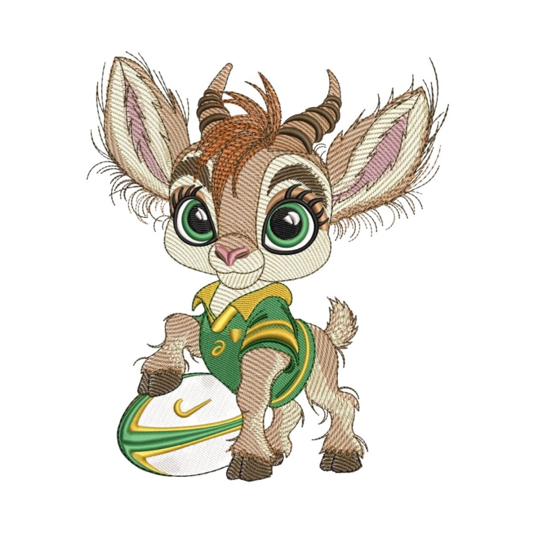 Springbok rugby embroidery design featuring a cute baby bokkie in a green and gold jersey with one hoof on a rugby ball
