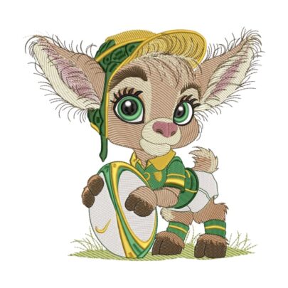 Baby Springbok embroidery design wearing a green and gold cap and rugby outfit, sitting beside a rugby ball