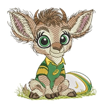 Springbok baby embroidery design featuring a cute bokkie sitting on the grass in a green and gold rugby jersey beside a rugby ball