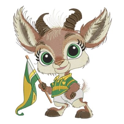 Springbok flag embroidery design featuring a smiling baby bokkie in a green and gold rugby jersey holding a matching flag