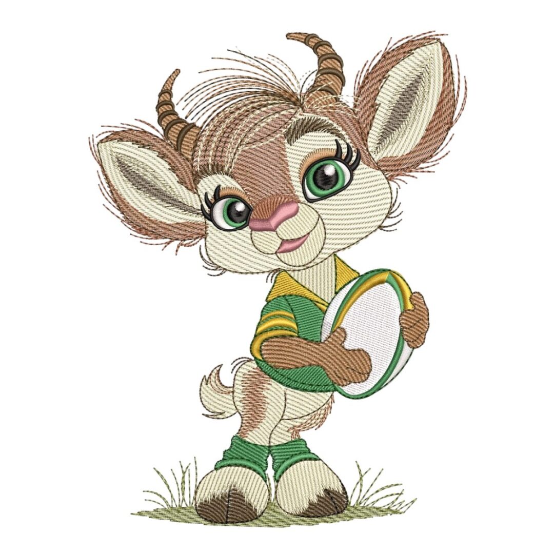 Springbok rugby ball embroidery design featuring a smiling baby bokkie in a green and gold jersey holding a rugby ball