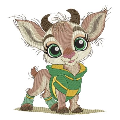 Springbok hoodie embroidery design featuring a smiling baby bokkie with green eyes wearing a green and gold hoodie and matching leg warmers