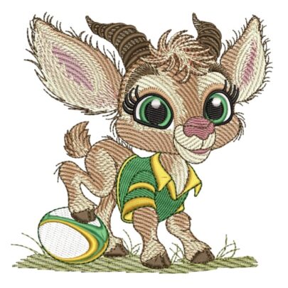 Baby Springbok machine embroidery design wearing a green and gold rugby jersey with one hoof resting on a rugby ball