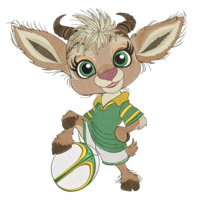 Baby Springbok machine embroidery design with blonde fringe, green rugby jersey and one hoof resting on a rugby ball