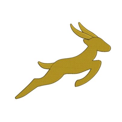 Golden Springbok silhouette embroidery design showing a leaping antelope with raised horns and dark stitched outline