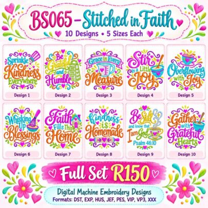 Stitched in Faith complete machine embroidery collection featuring 10 colourful inspirational designs with faith quotes, hearts and kitchen motifs