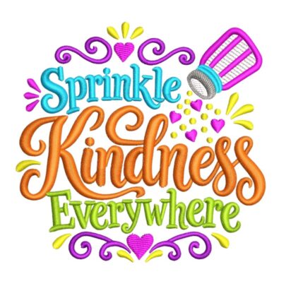 Sprinkle Kindness Everywhere machine embroidery design with colourful lettering, pink hearts, purple swirls and a salt shaker