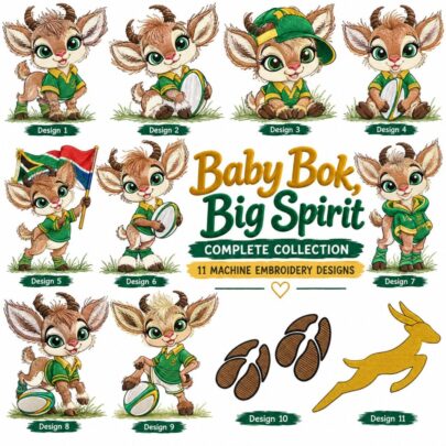 Baby Bok Big Spirit complete machine embroidery collection featuring 11 Springbok rugby designs, hoofprints and a golden Springbok silhouette